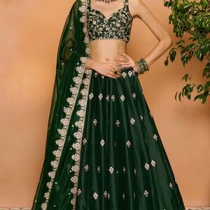 Dark Green Embroidered Lehenga
